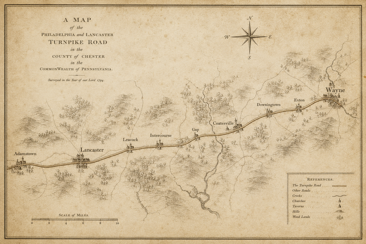 An antique 1794 survey map of Pennsylvania showing Lancaster, Leacock, and Intercourse along the old Lancaster Pike.