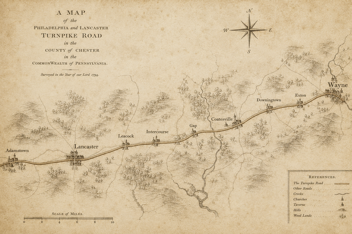 An antique 1794 survey map of Pennsylvania showing Lancaster, Leacock, and Intercourse along the old Lancaster Pike.