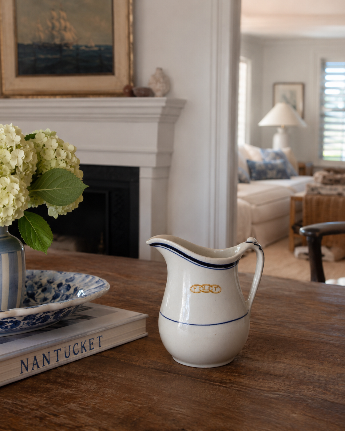 Antique John Maddock & Sons Vitrified Ironstone Pitcher, FLT Monogram Hotel Ware, England