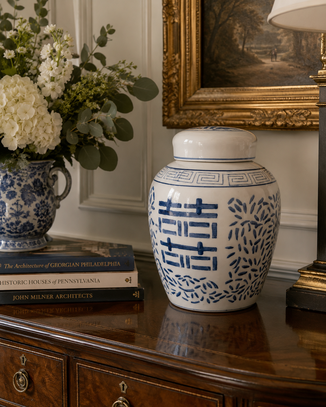 Vintage Blue & White Double Happiness Ginger Jar, Lidded Porcelain