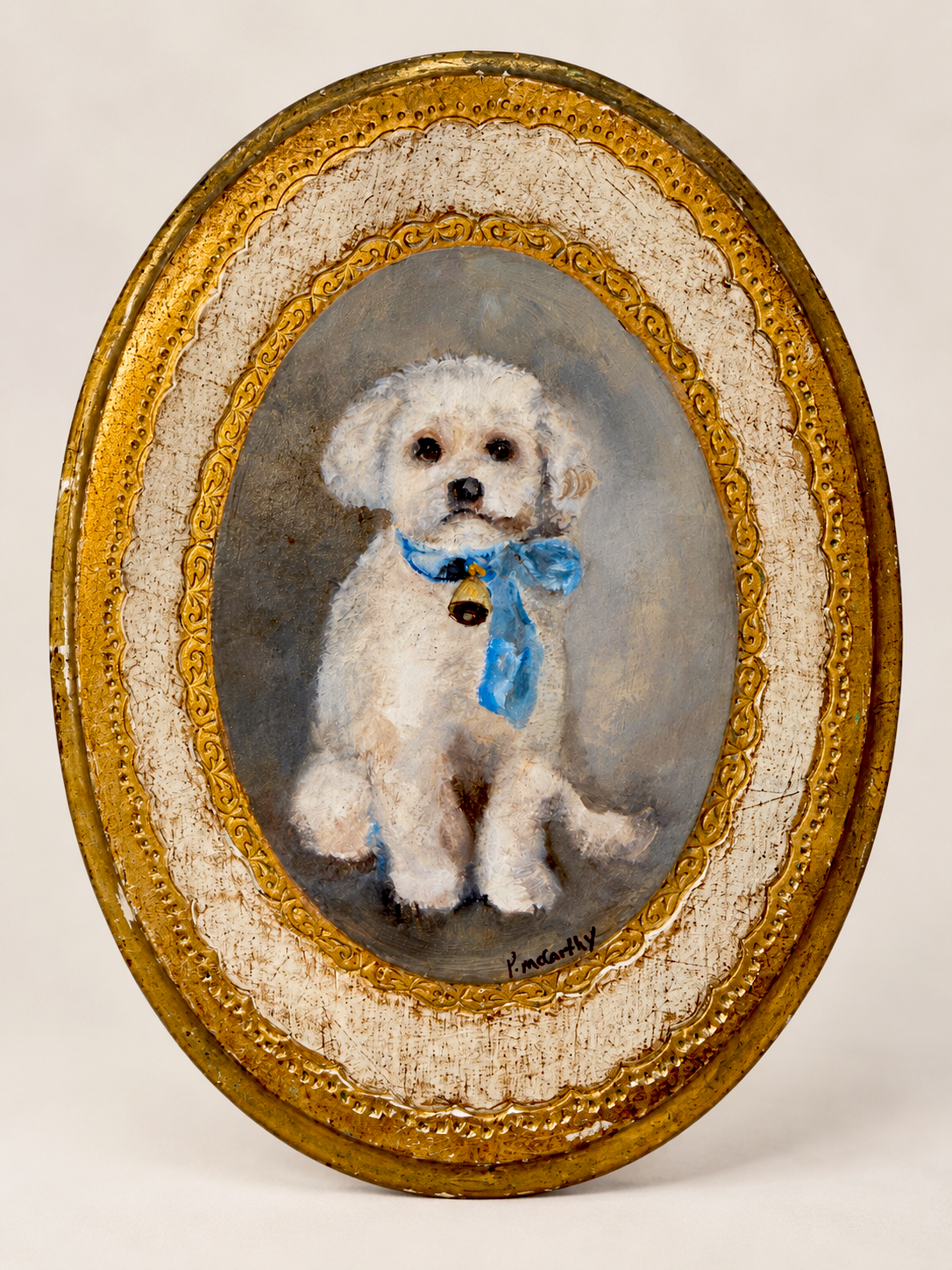 Pat McCarthy Original Oil Painting of White Dog, Florentine Gilt Plaque