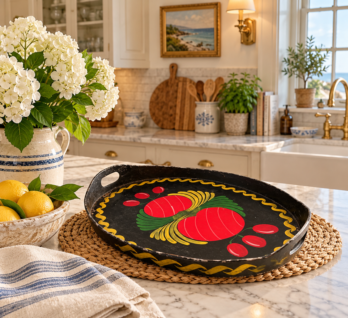 Vintage Folk Art Painted Black Metal Serving Tray with Red Fruit Design