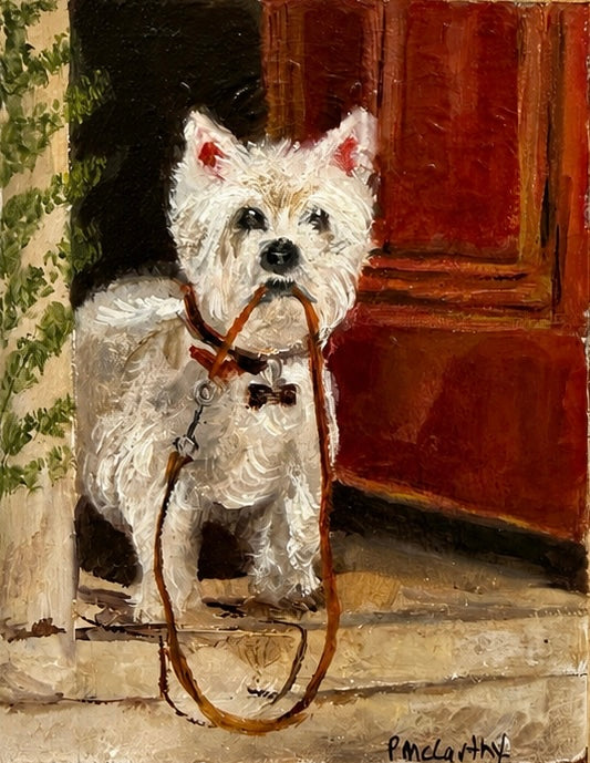 Vintage Framed Westie with Leash, Octagonal Florentine Board, Signed Pat McCarthy