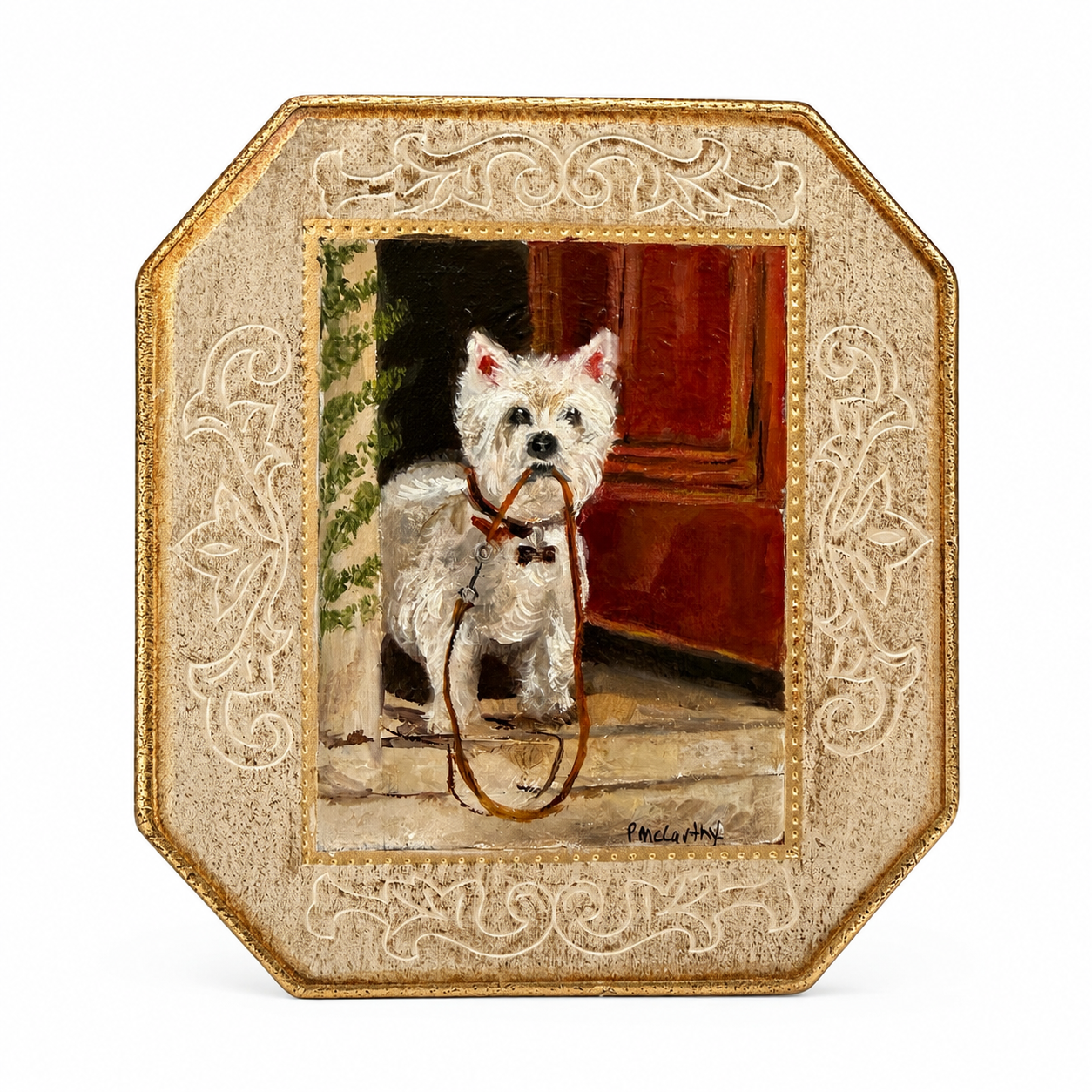 Vintage Framed Westie with Leash, Octagonal Florentine Board, Signed Pat McCarthy