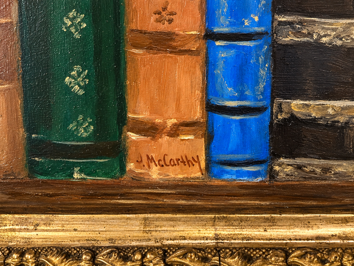 Pat McCarthy Cat Painting, Original Oil on Board in Ornate Antique Frame