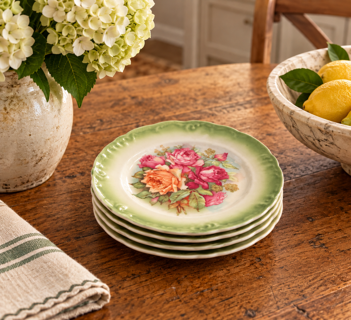 Vintage German Porcelain Rose Dessert Plates – Set of 4, Green Rim