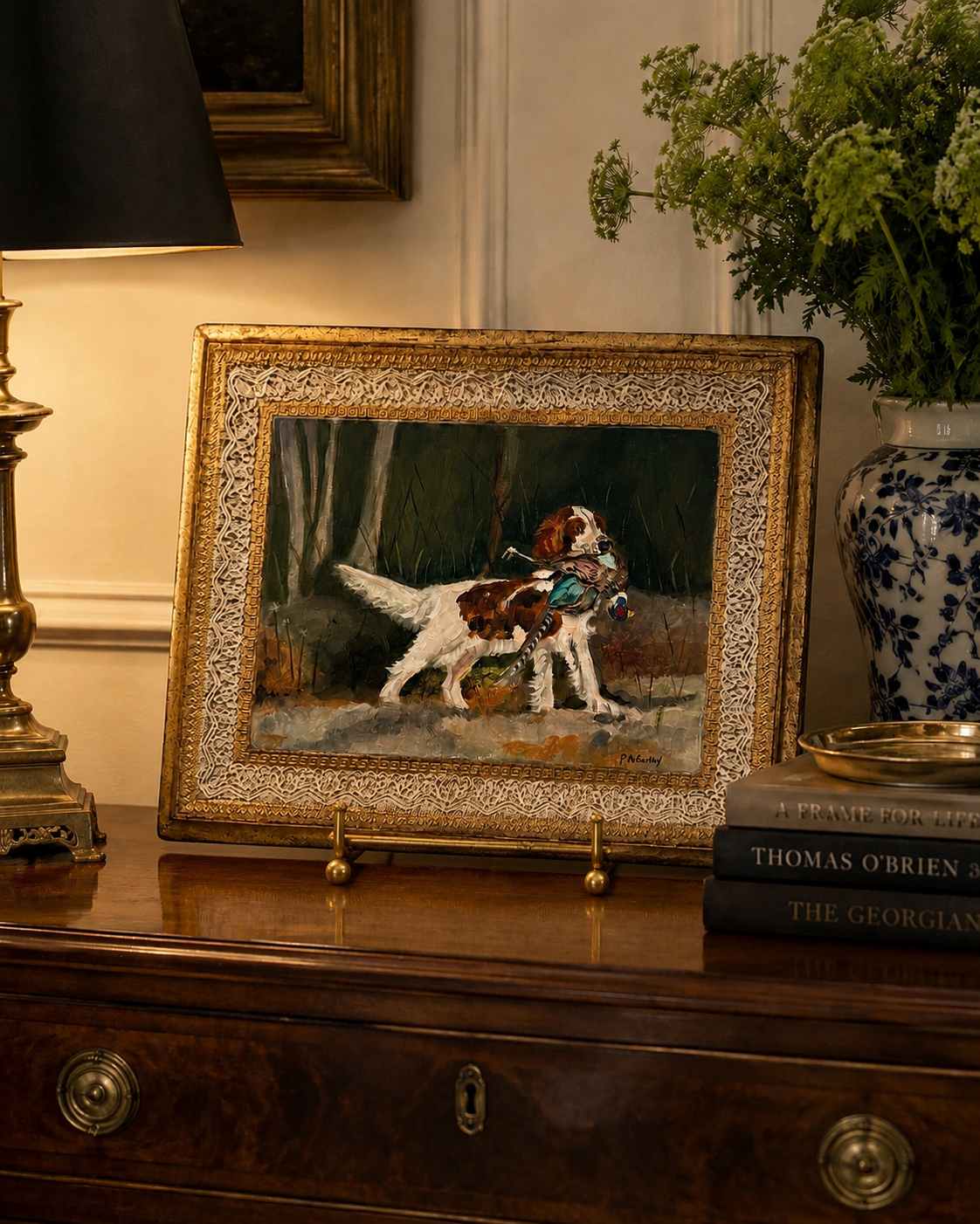 Pat McCarthy Setter with Pheasant Oil Painting, Gilt Lace-Border Frame