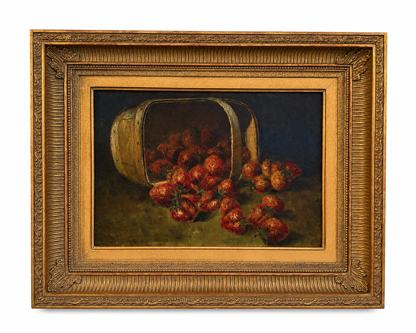 Vintage Spilled Strawberries Still Life Oil Painting, Wicker Basket, Carved Gilt Frame