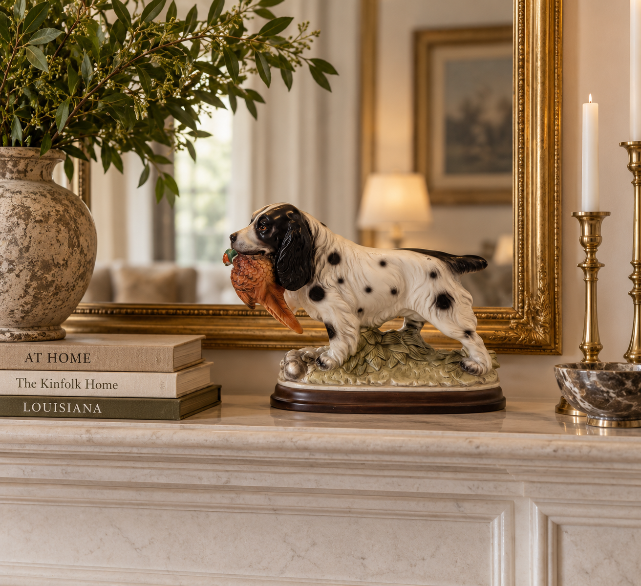 Vintage Japanese Spotted Hunting Dog Figurine with Game Bird