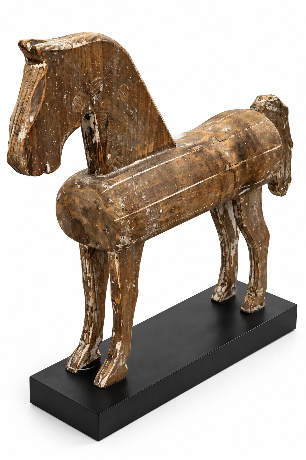 Vintage Folk Art Wooden Horse Sculpture on Black Plinth