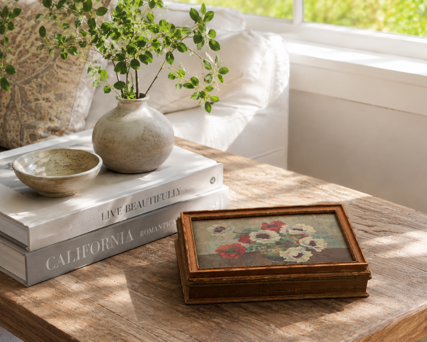 Vintage Wood Dresser Box with Mirror & Floral Lining