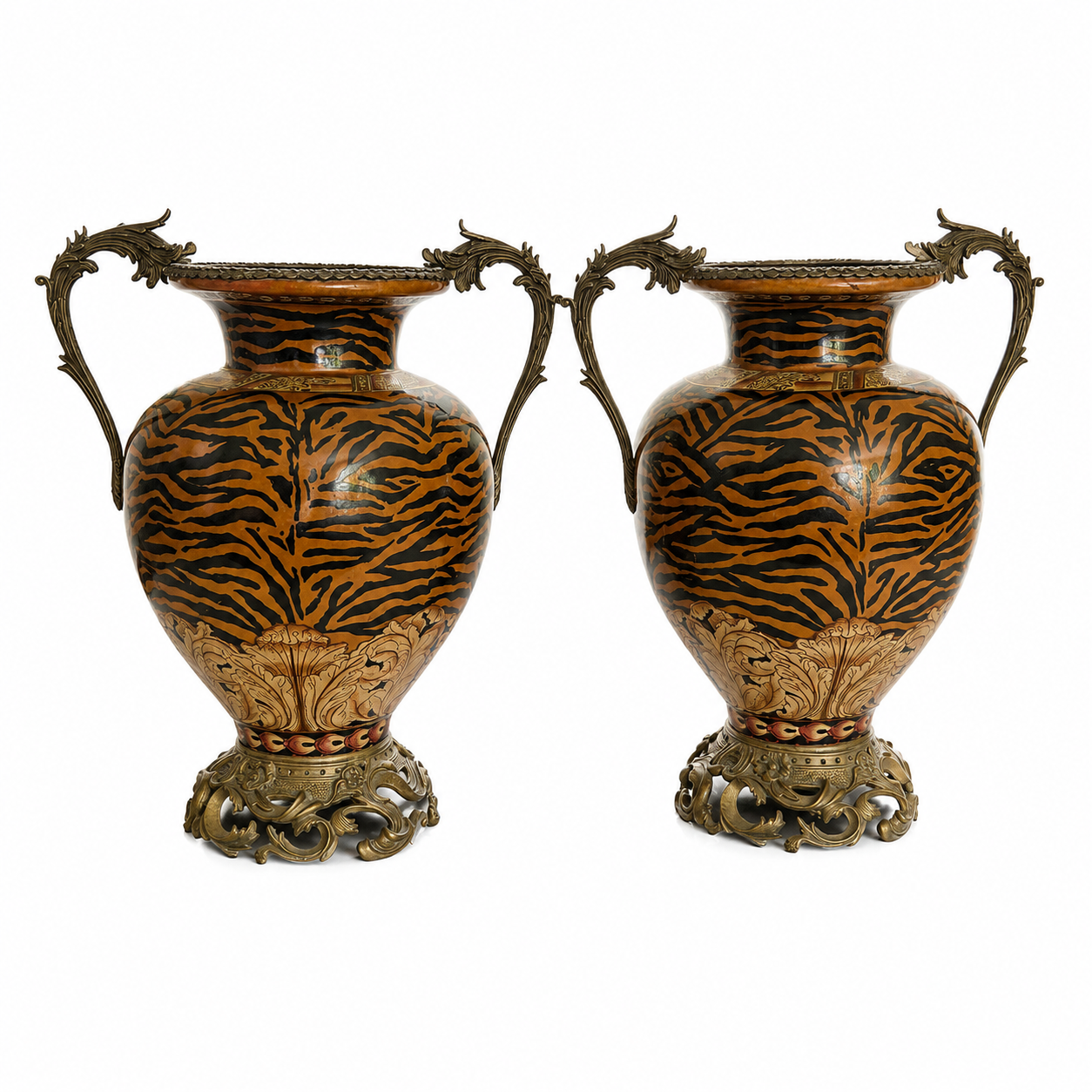 Pair of Vintage Tiger-Stripe Urns, Gilt Bronze Mounts