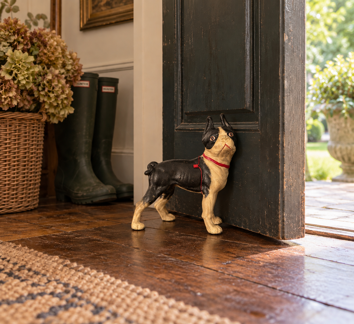Vintage Hubley Cast Iron Dog Doorstop Bank, Black & Tan Boston Terrier
