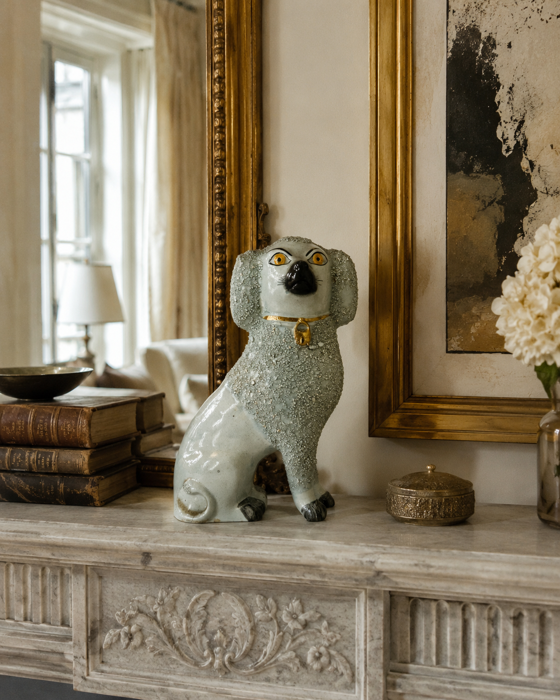 Antique Staffordshire Poodle, Likely Late 19th to Early 20th century, Gilt Collar & Padlock