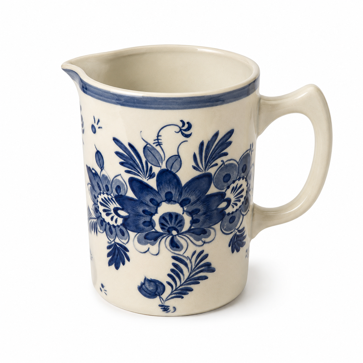 Vintage Delft-Style Hand-Painted Floral Pitcher, Blue & Cream