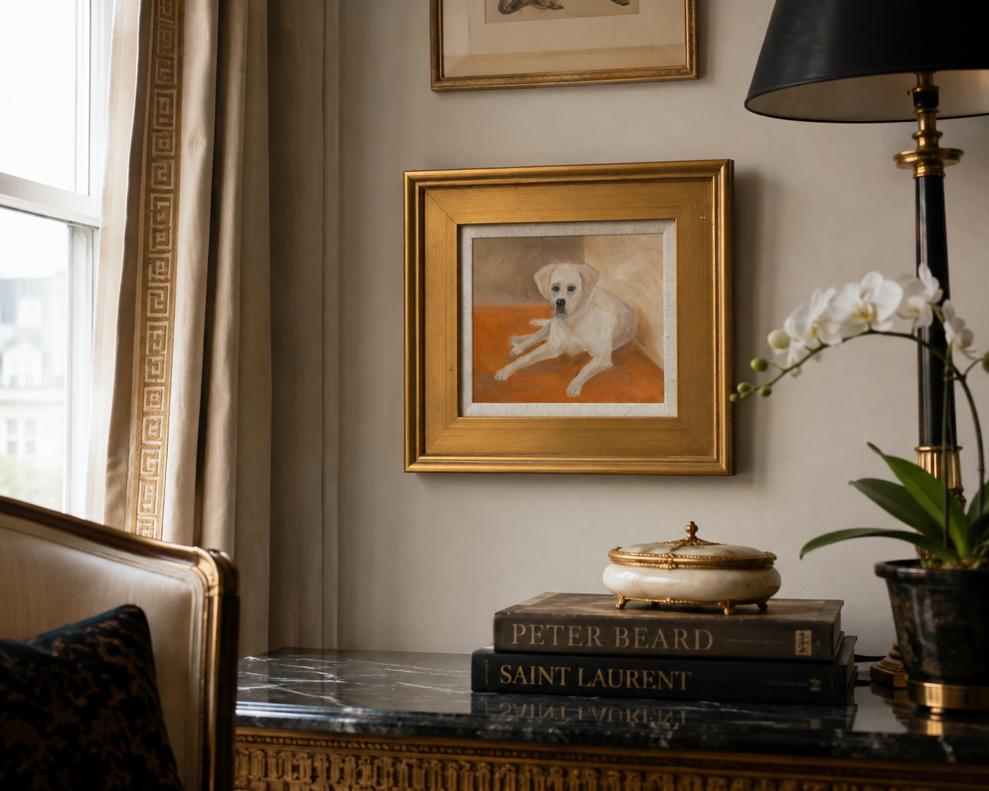 Vintage White Lab Oil Portrait, Gold Frame