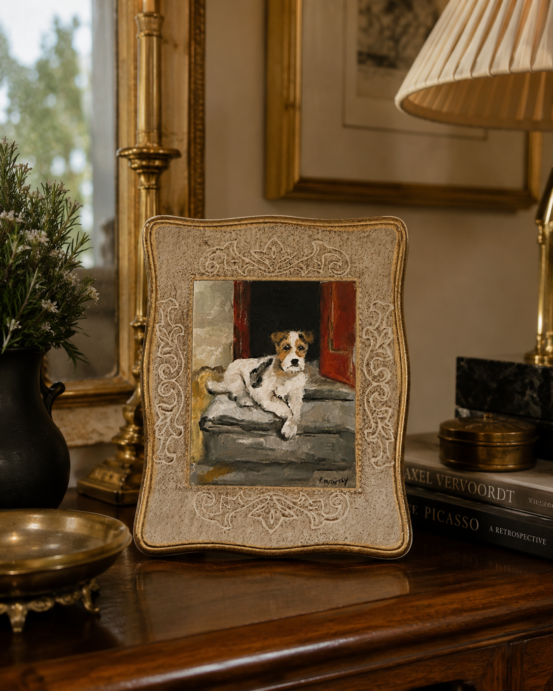 Vintage Terrier on the Step, Rectangular Florentine Board, Signed P. McCarthy