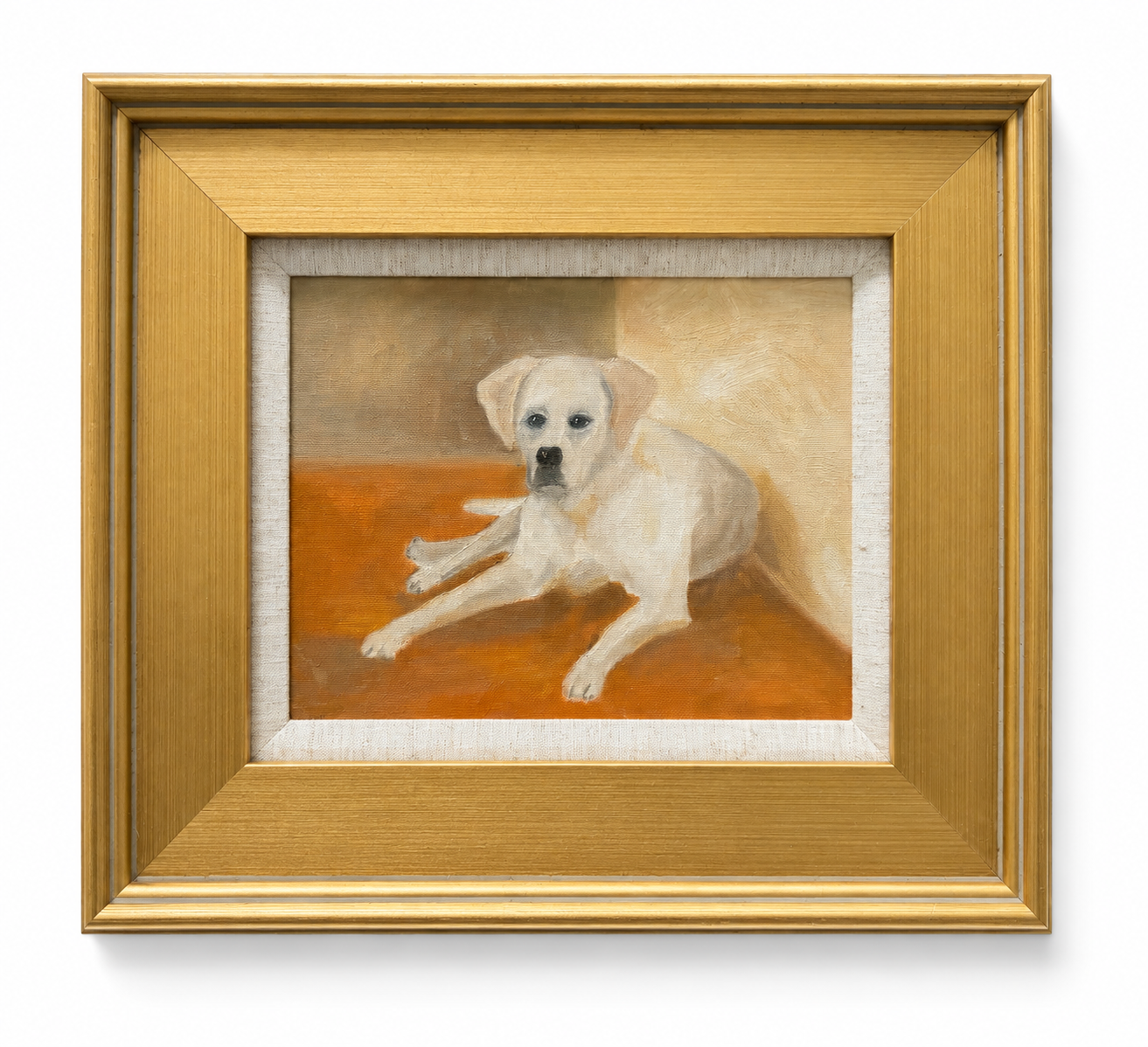 Vintage White Lab Oil Portrait, Gold Frame