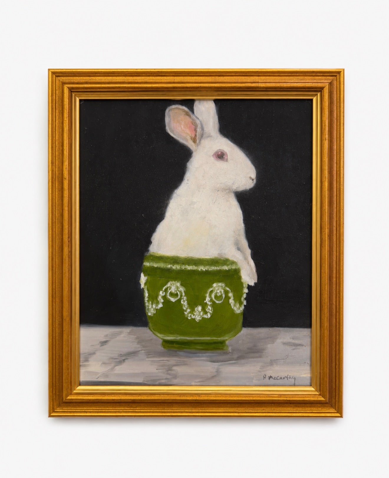 White Rabbit in Jadeite Bowl, Original Oil Painting by Pat McCarthy