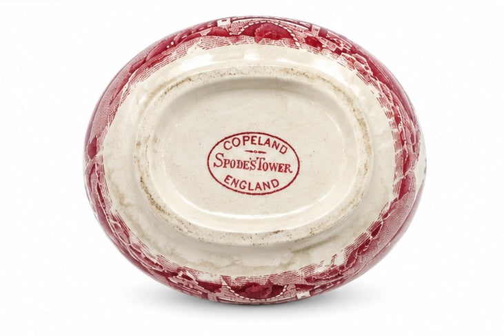 Antique Copeland Spode Red Transferware Covered Sugar Bowl, English Staffordshire Ironstone