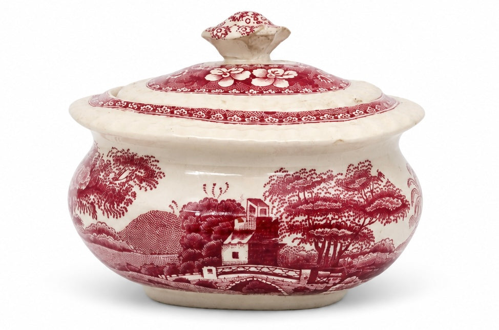 Antique Copeland Spode Red Transferware Covered Sugar Bowl, English Staffordshire Ironstone
