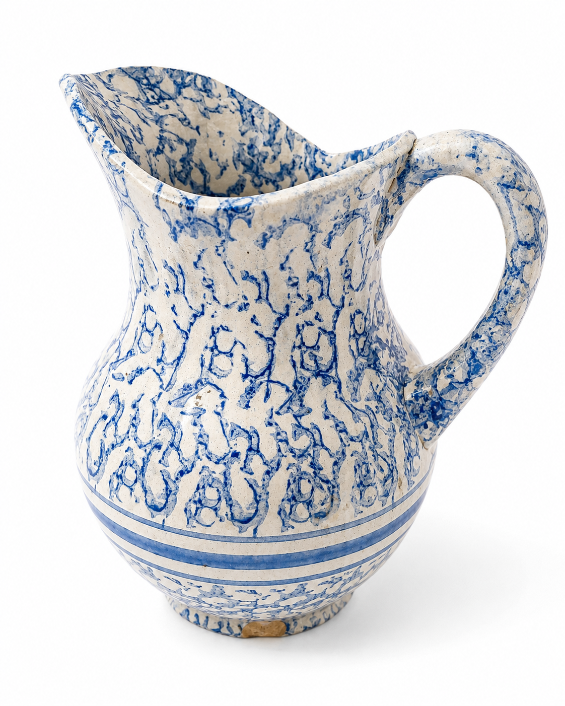 Large Blue Spongeware Pitcher with Stripe