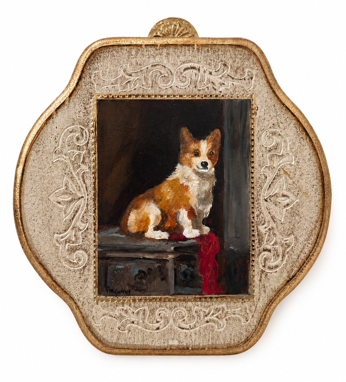 Pat McCarthy Corgi Portrait, Oil on Florentine Board, 8” x 8”, Antique Gilt Frame