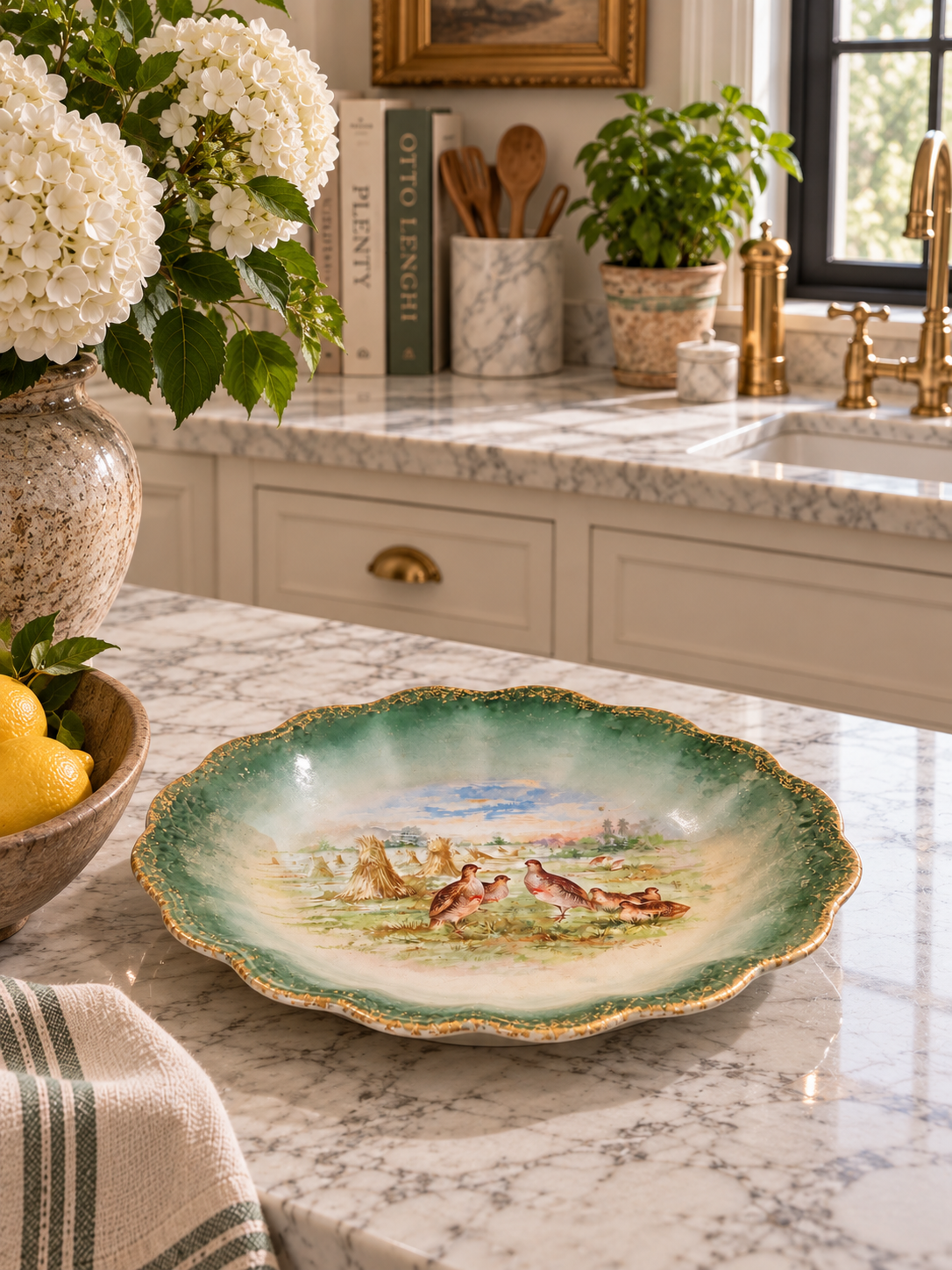 Vintage Hand-Painted Game Bird Platter with Scalloped Green Border