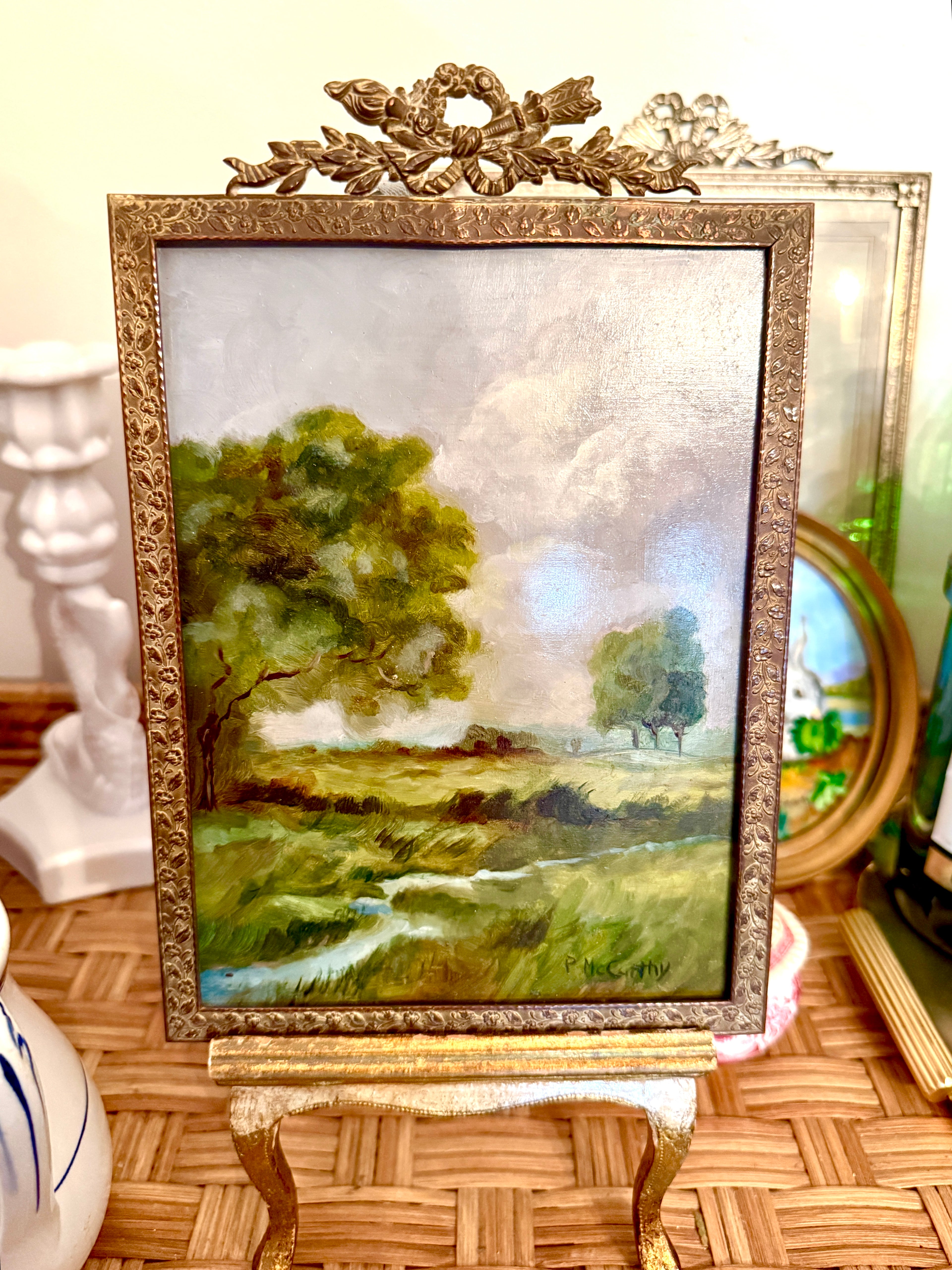 Vintage Pastoral Landscape Oil Painting — Green Field & Stream, Signed Pat McCarthy
