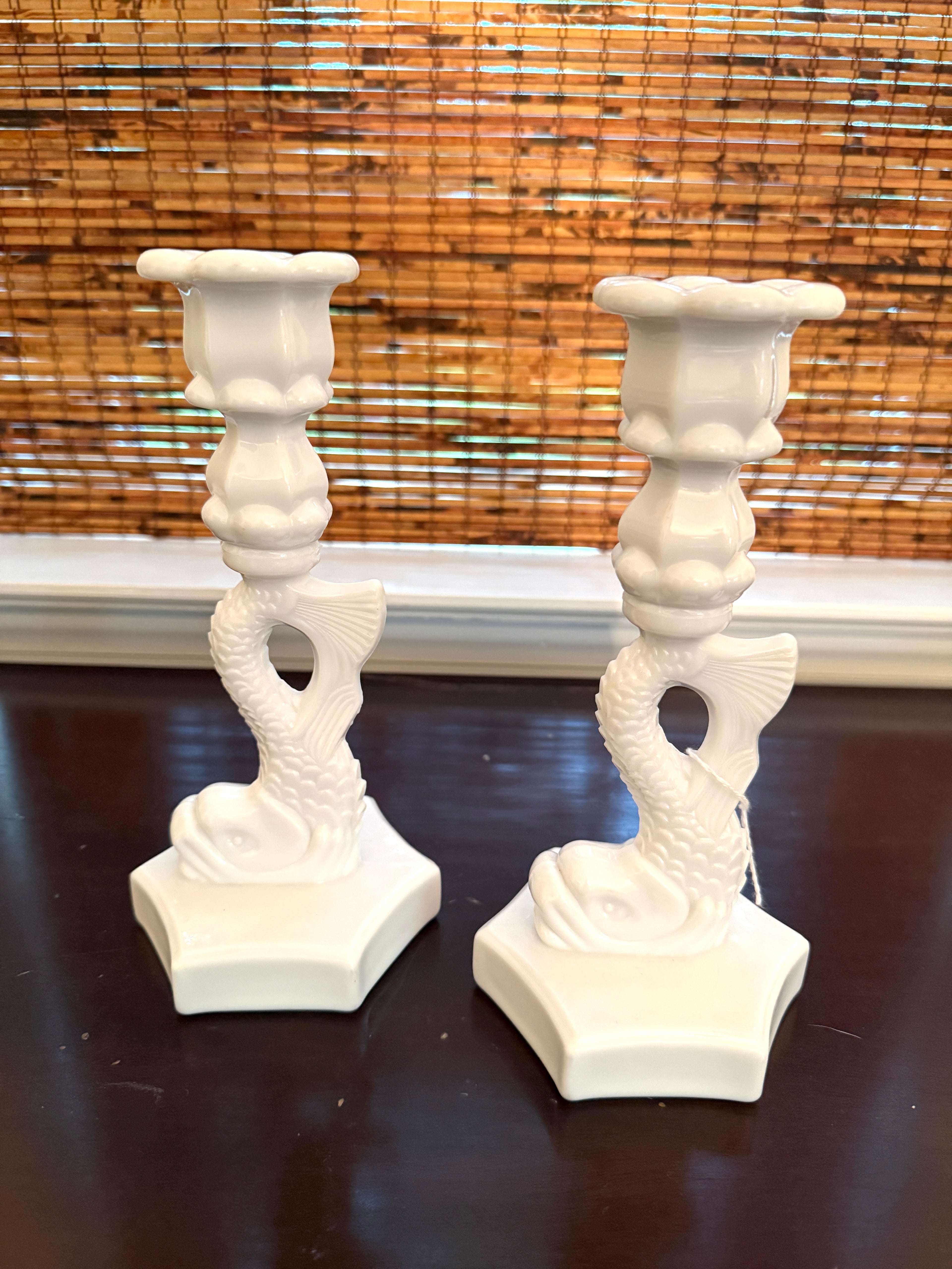 Pair of White Ceramic Dolphin Candlesticks