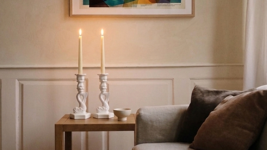 White porcelain koi fish candlesticks with lit ivory tapers on a mantel.