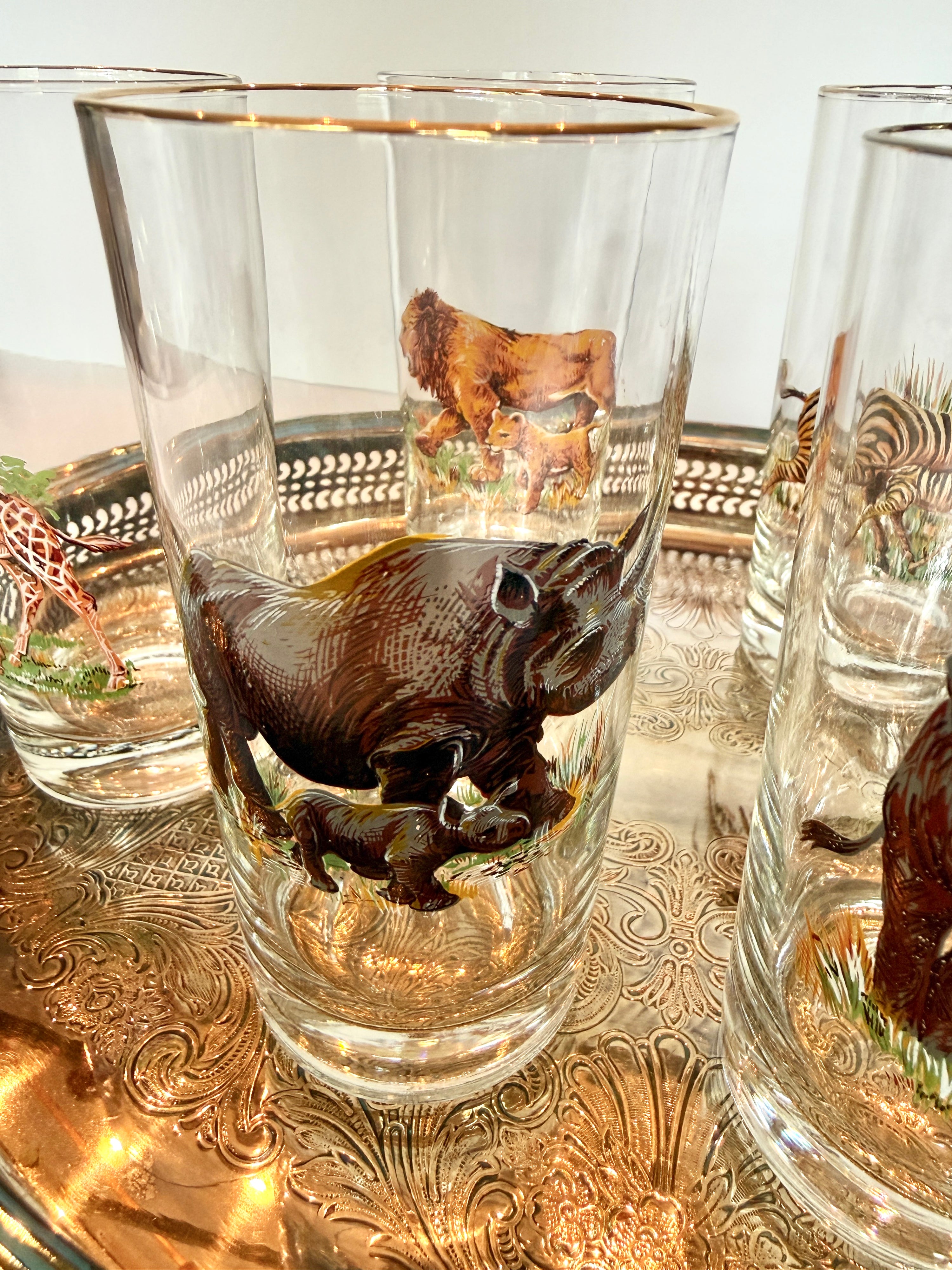 Vintage Safari Highball Glasses, Set of 6 Mid-Century Wildlife Cocktail Glasses