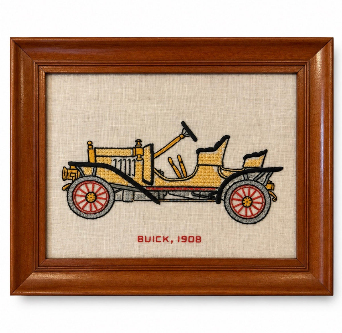 Vintage 1908 Buick & 1909 Red Runabout Embroidered Textile Art, Pair