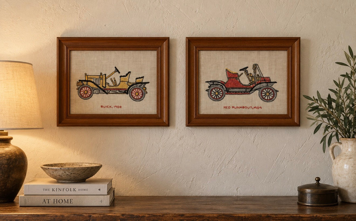 Vintage 1908 Buick & 1909 Red Runabout Embroidered Textile Art, Pair