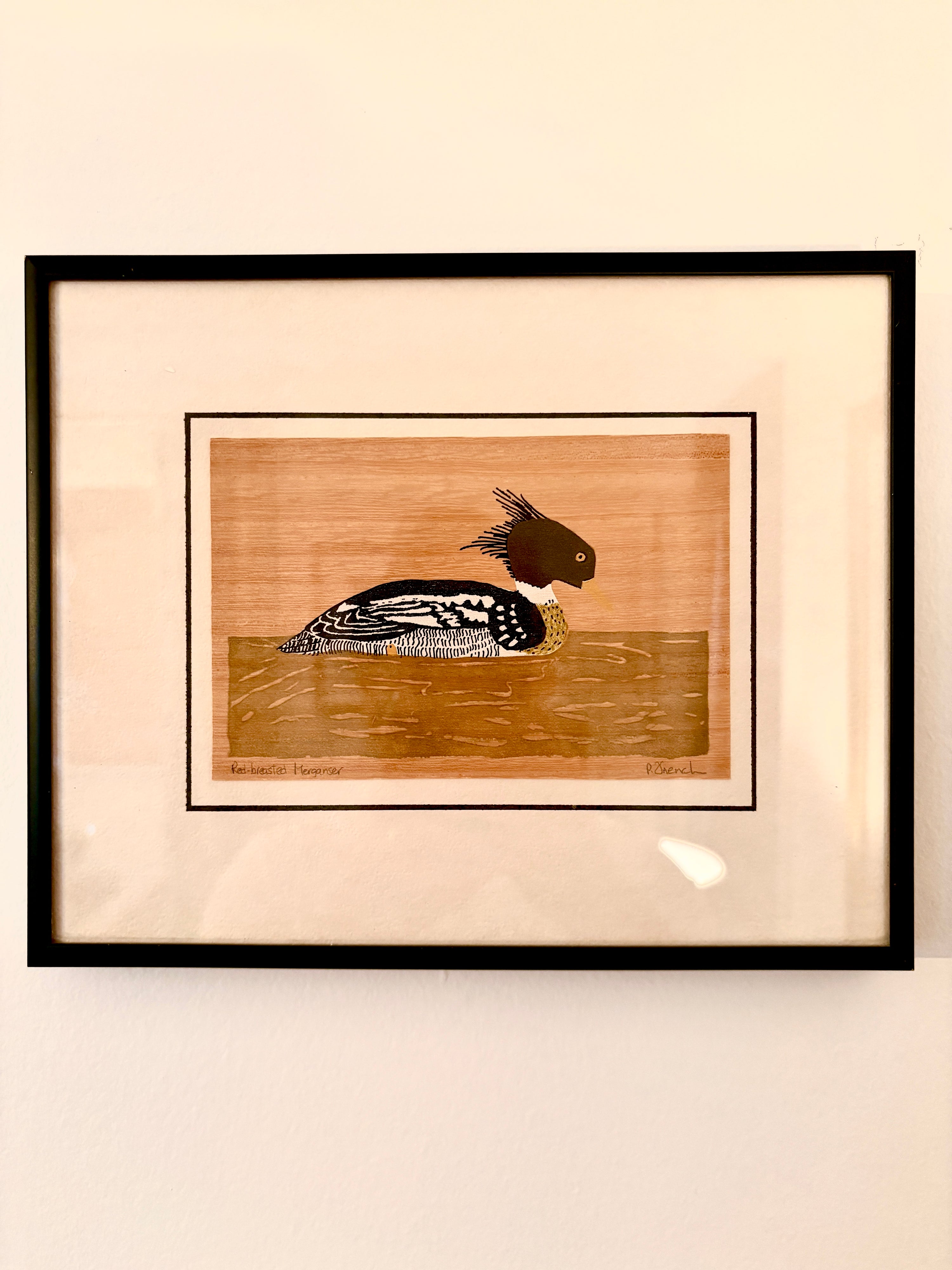 Vintage merganser picture, signature detail
