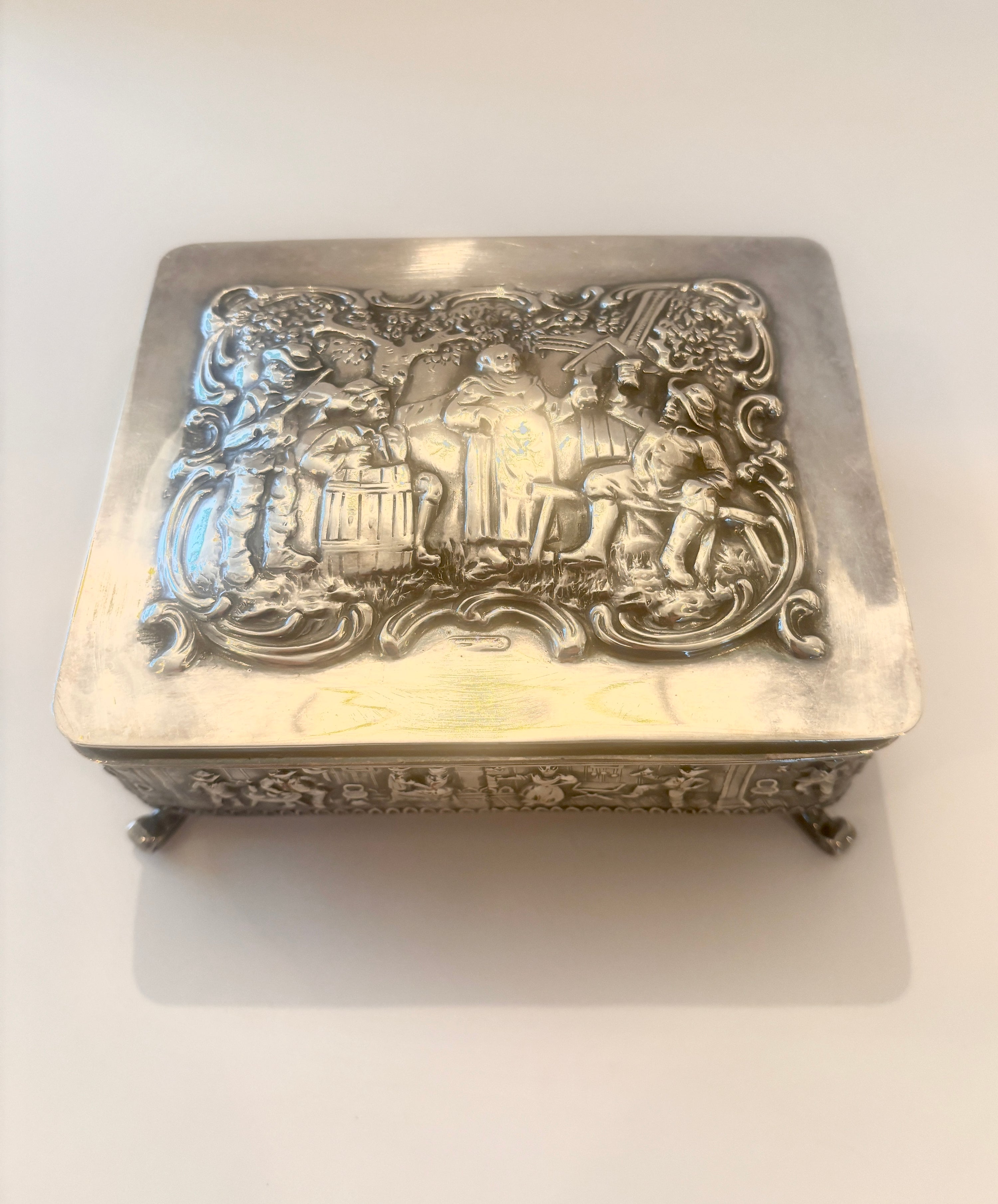 Vintage silver box open, showing the removable glass insert