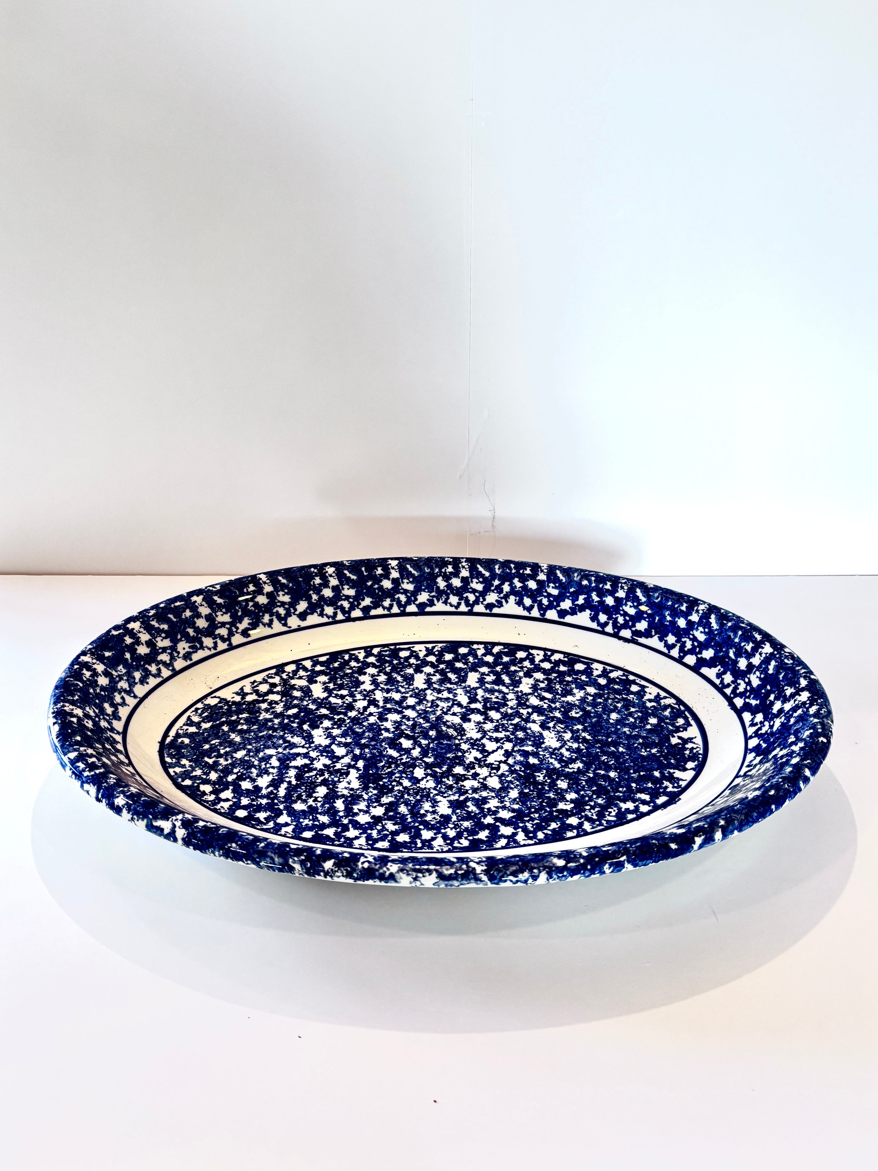 Vintage blue and white spongeware oval platter, made in Italy