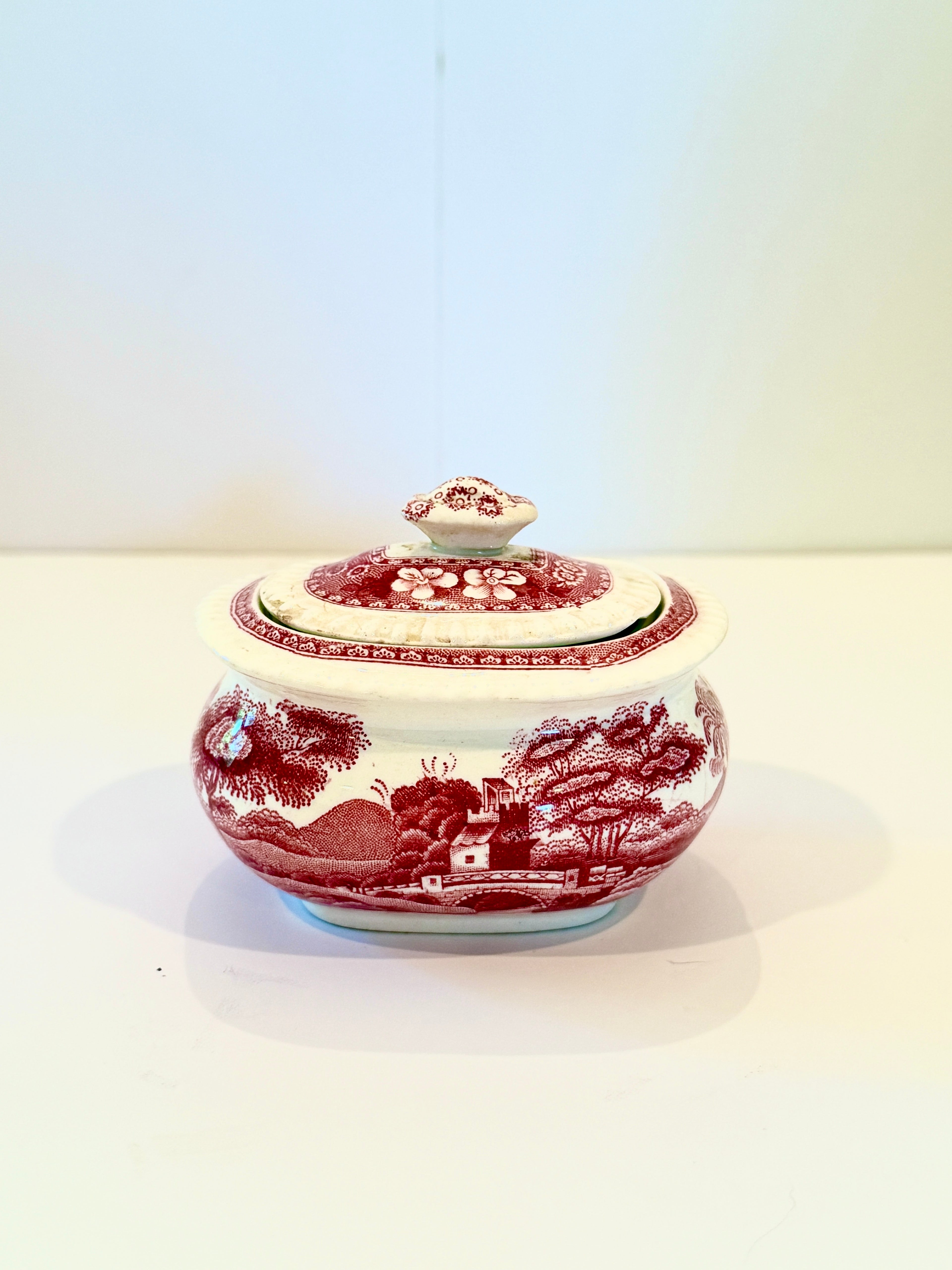 Copeland Spode Red Transferware Sugar Bowl with Lid – Countryside Scene