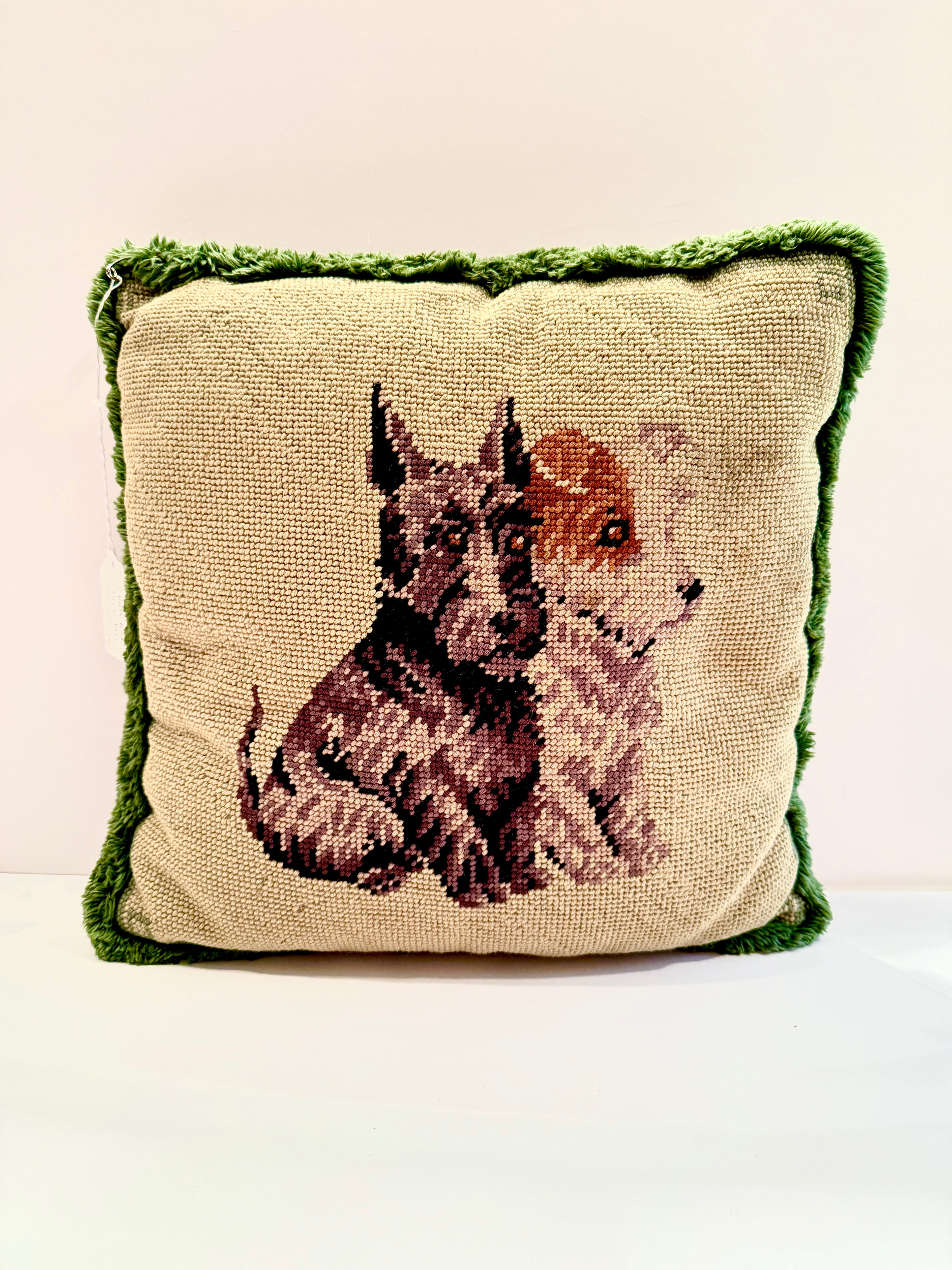 Vintage Needlepoint Dog Pillow with Green Fringe