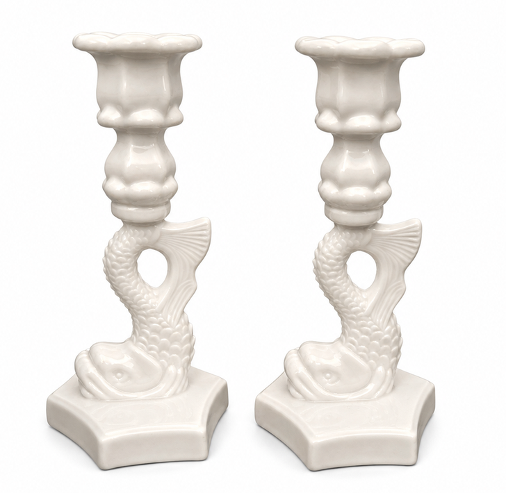 Pair of White Porcelain Koi Fish Candlesticks