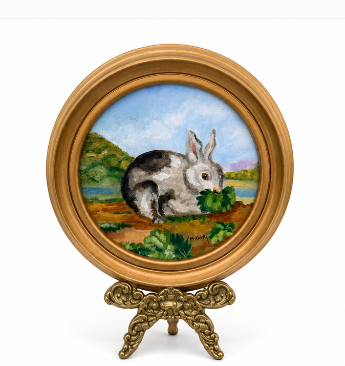 Vintage Round Oil Painting of a Rabbit in a Landscape — Signed Pat McCarthy