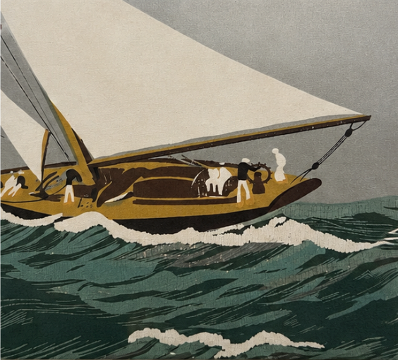 Racing Yacht at Speed, Vintage Mid-Century Sailing Serigraph, Framed