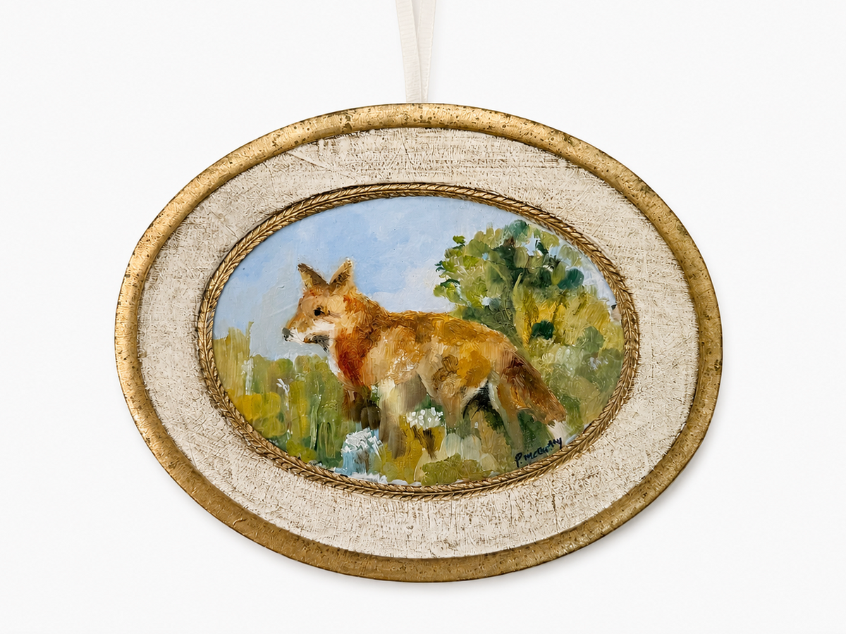 Fox in Meadow, Oval Florentine Board, Pat McCarthy