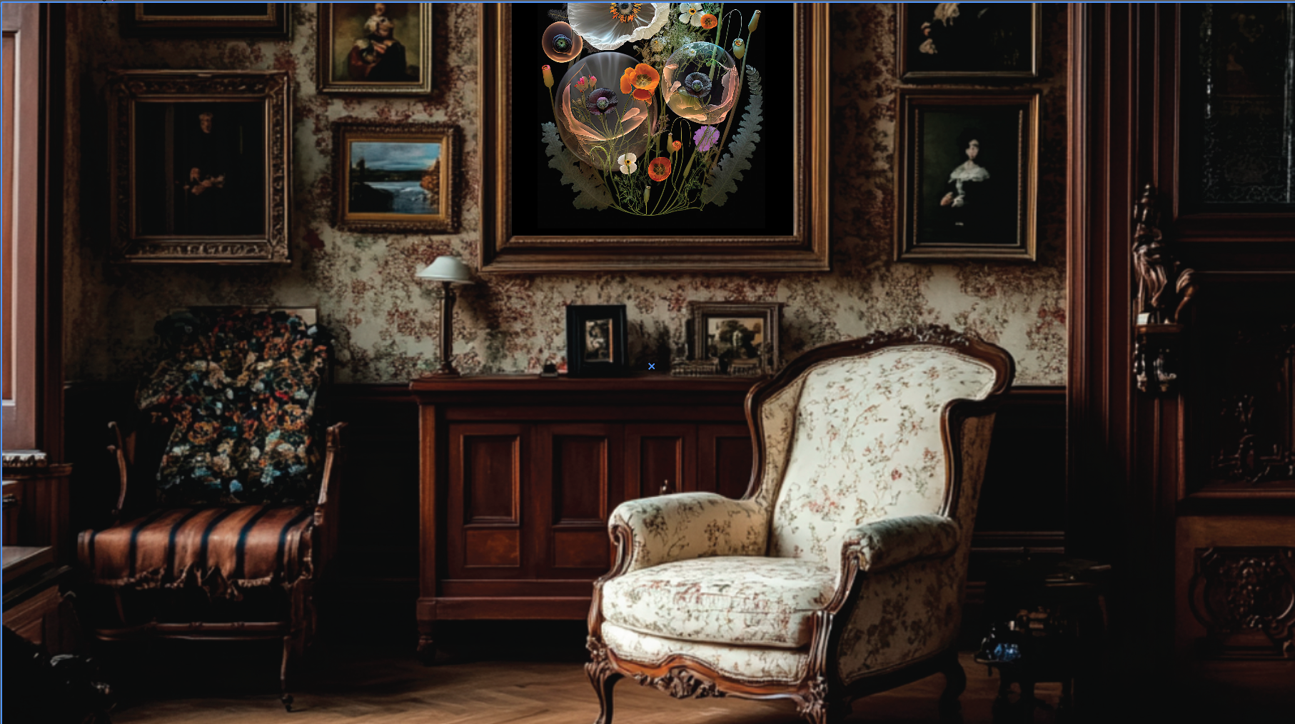 A victorian style living room with vintage art and furnishings