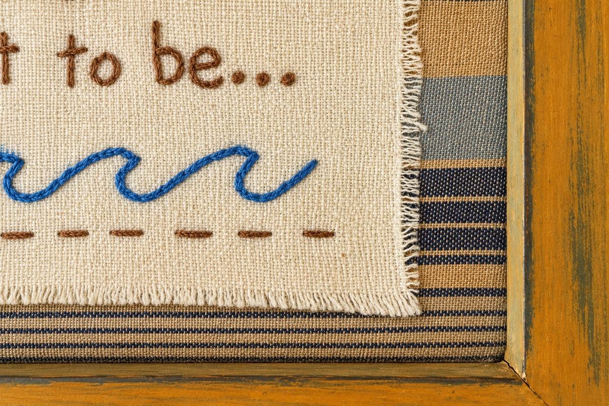 Vintage Framed Coastal Linen Sampler – “The Sea Is Where I Want to Be”