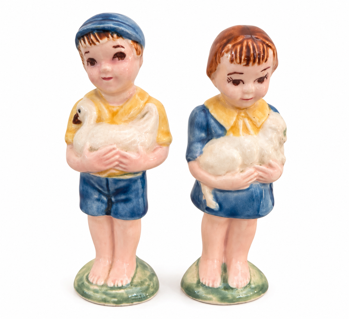 Vintage Porcelain Boy and Girl Figurines Holding White Animals – Set of 2