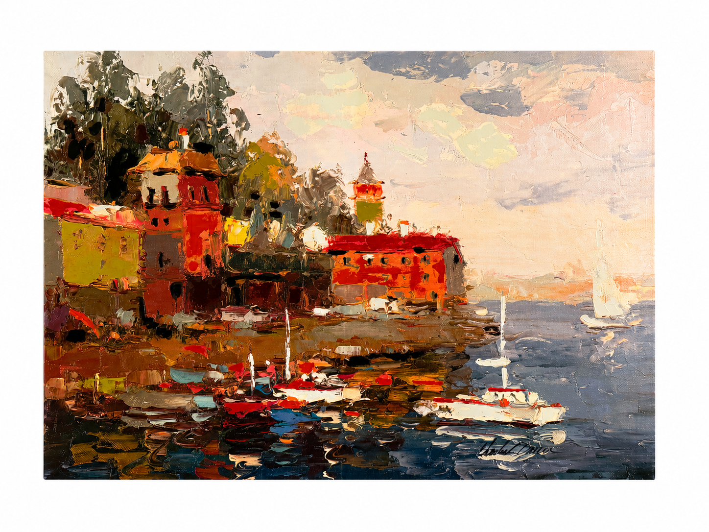 Vintage Mediterranean Harbor Oil Painting, 30x40 Canvas
