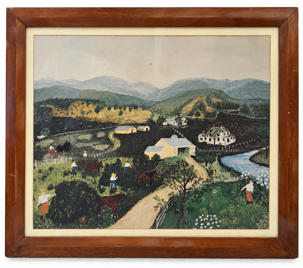 Vintage Grandma Moses Folk Art Landscape Print, Signed, Framed