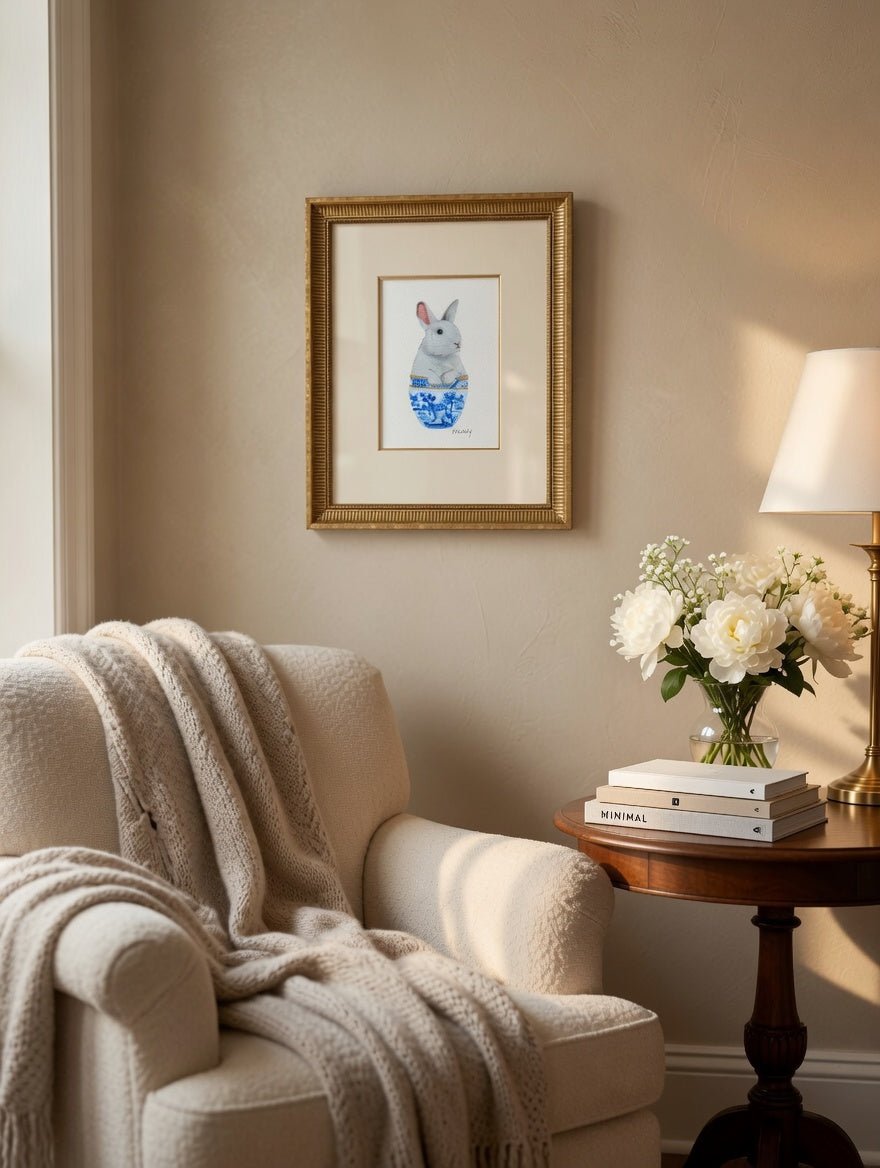Pat McCarthy Bunny in Blue Willow Bowl — Original Watercolor, Gold Frame
