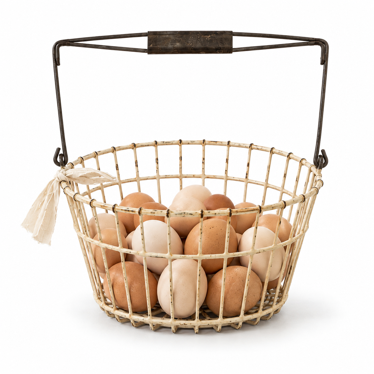 Vintage Cream Wire Egg Basket with Metal Handle